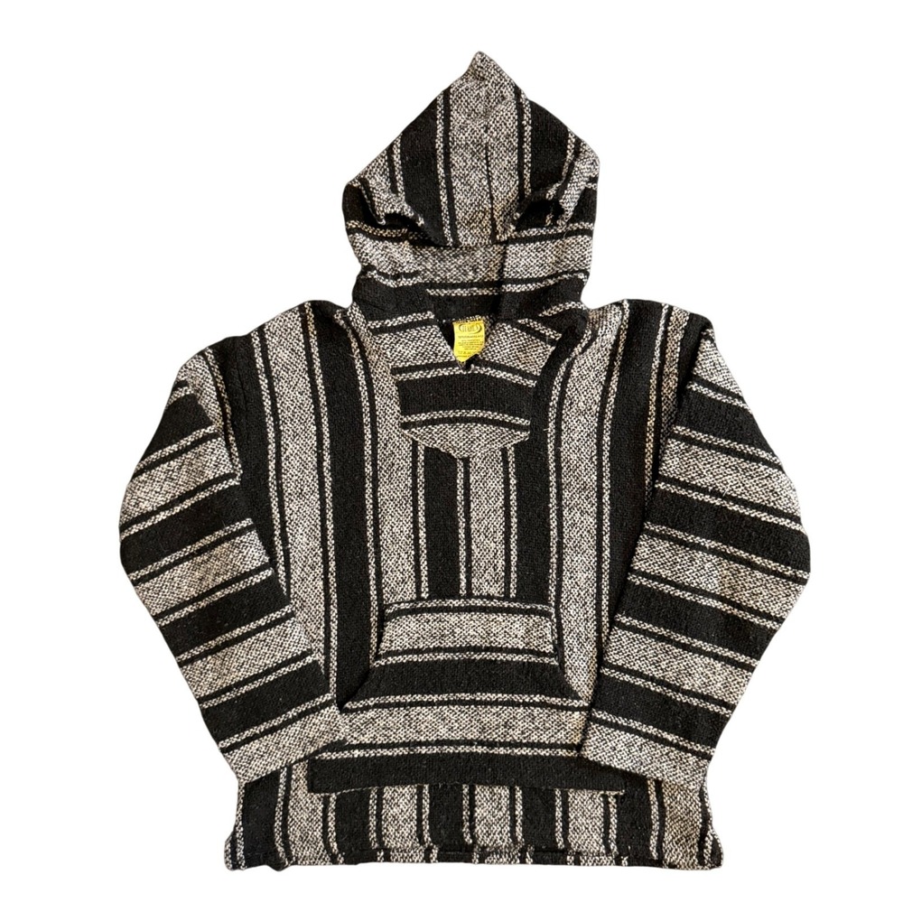 Frank's Baja Hoodie Pullover Mens Medium Black Grey Striped Jerga Drug Rug